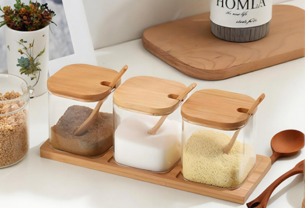 WISHOME 3 - Piece Square Seasoning Jar Set with Bamboo Wood Lid & Spoon Main Product Image