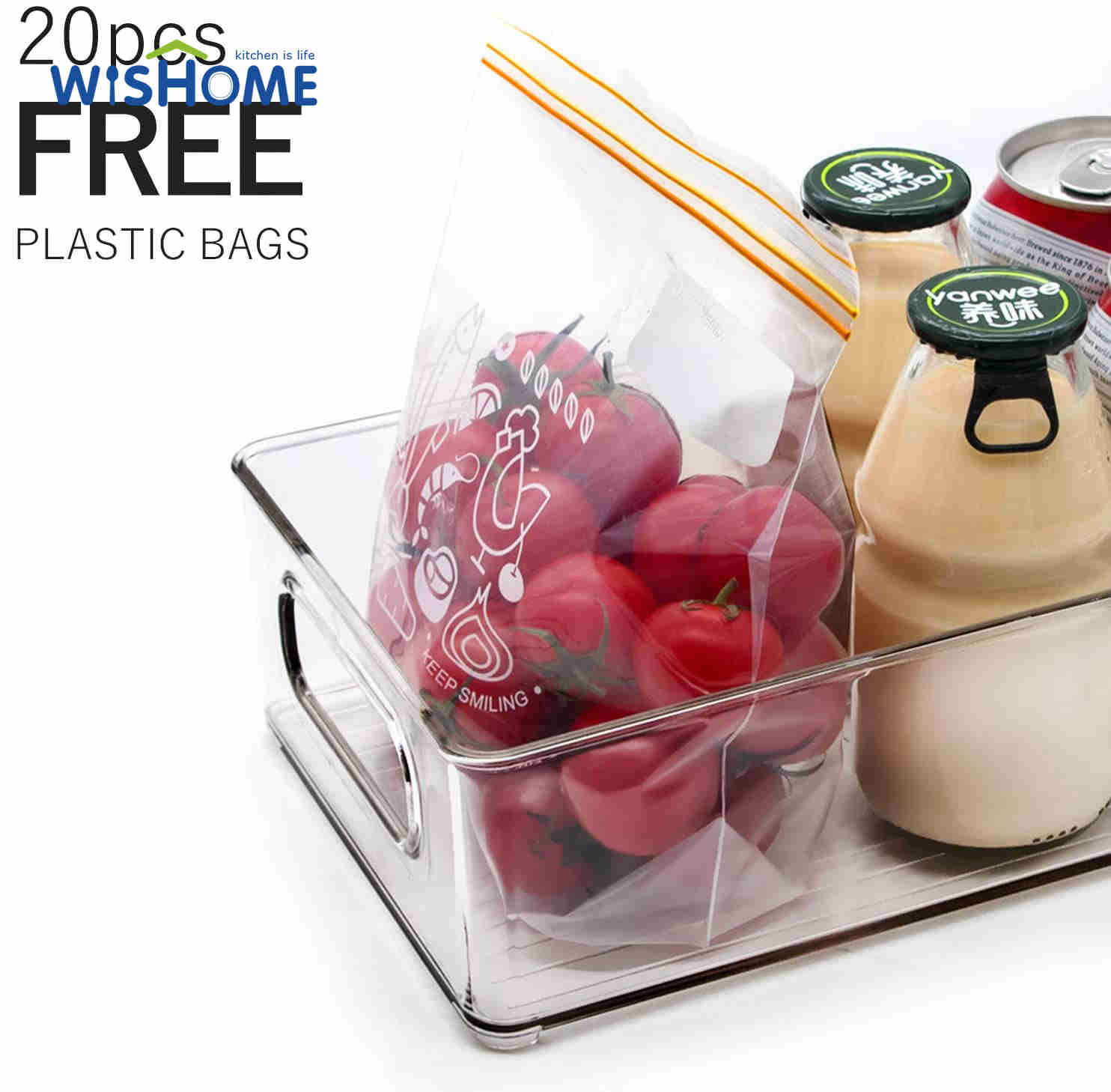 Mid-size Refrigerator Organizer Bins for Kitchen and Cabinet Storage Stackable Food Bins with Handles Food Storage Box