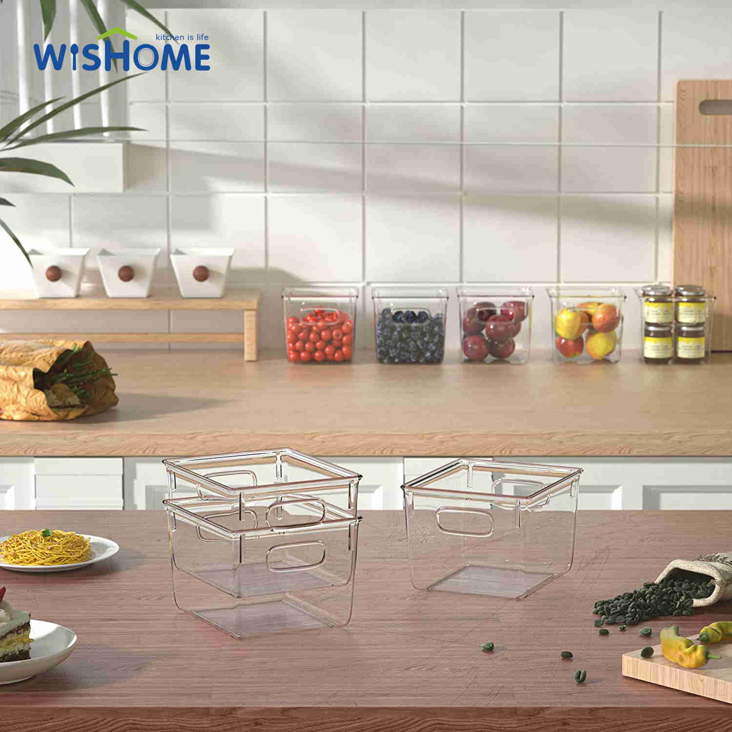 Medium Size Refrigerator Organizer Bins Pantry Storage Bins Clear Plastic Storage Bins with Handlefor Fridge Freezer Kitchen