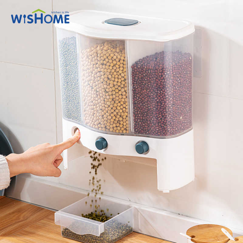 Household Plastic Dry Food Storage Box Automatic Cereal Dispenser Large Rice Container with Lid and Measuring Cup