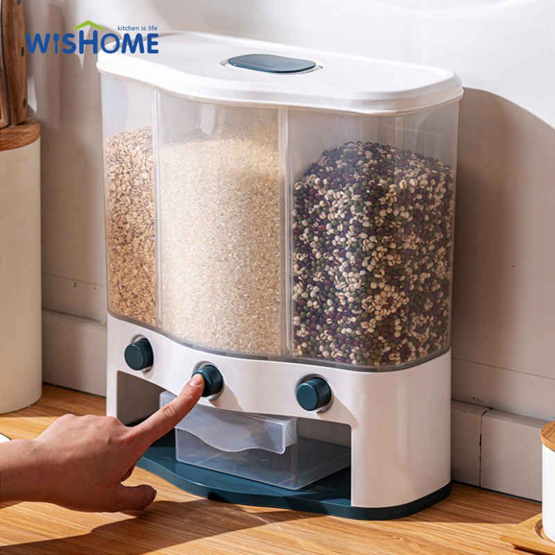 Household Plastic Dry Food Storage Box Automatic Cereal Dispenser Large Rice Container with Lid and Measuring Cup