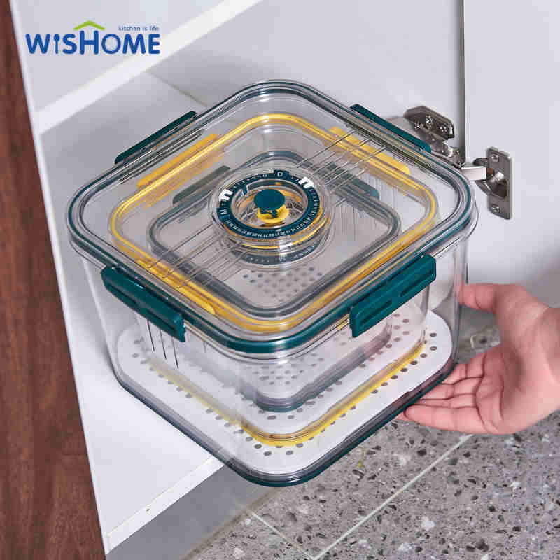 New Design Square Timing Storage Box Transparent Drain Food Storage Container Refrigerator Storage Box with Airtight Lid